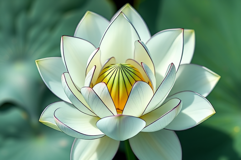 regenerate a minimalist line drawing of a lotus flower with green accents, focus on smooth curves and elegant lines, shot with a macro lens at f/2.8, ISO 100, natural light, top-down view, DSLR camera to enhance detail and quality
