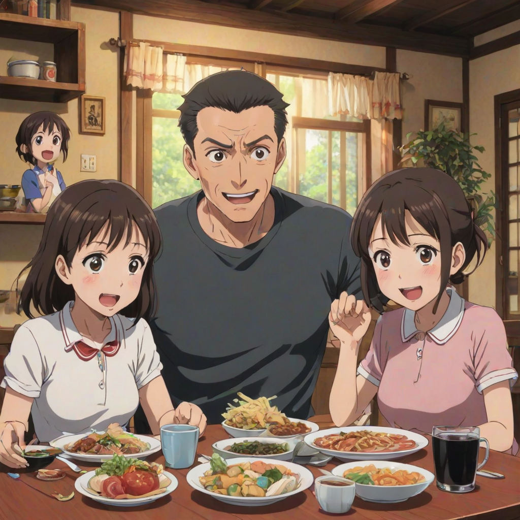 isekai anime style poster depicting a happy Family of four, a surprised dad sitting at a table with his wife and two kids eating something; the movie title clearly reads "OH NO! I HAVE BECOME A FAMILY MAN WITH A DOTING WIFE AND LOVABLE KIDS!", written in clear and exact letters