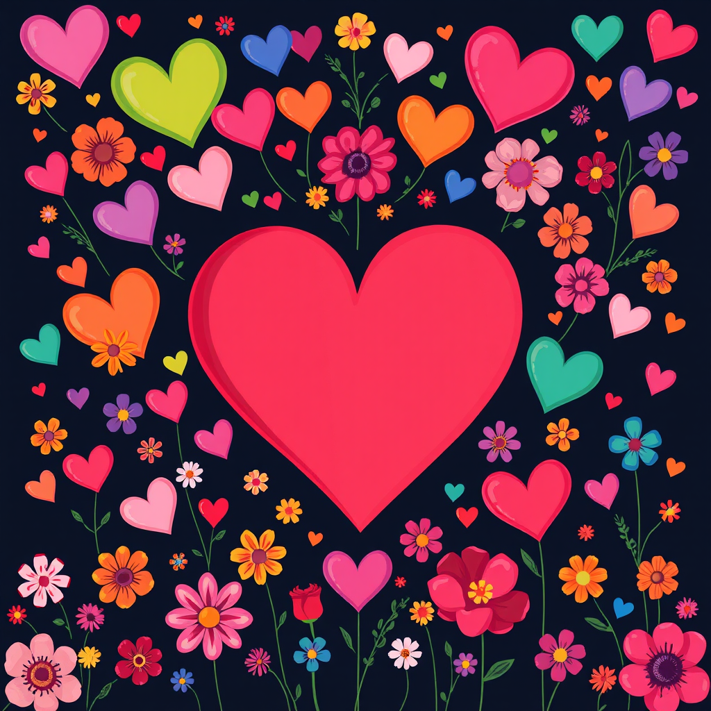 Create a vibrant digital illustration of a large, outlined heart in the center, surrounded by a diverse array of colorful hearts and flowers on a dark background, using a high-resolution digital art style with 300 DPI, frontal view, and vivid colors for maximum contrast and clarity.