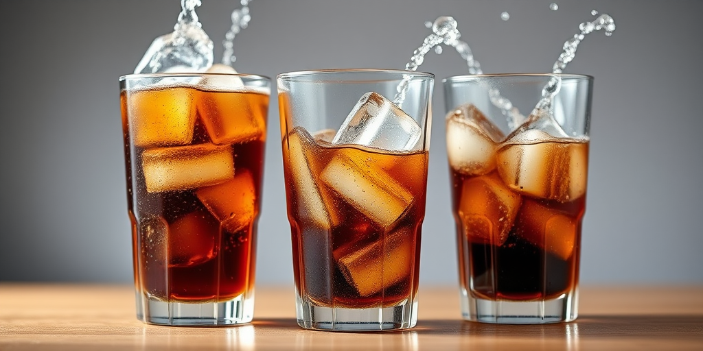 high-speed photography of three glasses of soda with ice splashing, shallow depth of field, ISO 100, f/2.8, shutter speed 1/1000 sec, 50mm lens, natural lighting, studio background