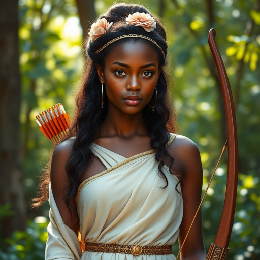 Create a portrait of a goddess-like Xhosa girl figure in a tranquil, forested environment. She has an elegant appearance with long, wavy hair styled in an updo and adorned with a delicate, floral headband. She wears a flowing, ancient Greek-inspired gown in a soft, pale color, featuring a one-shoulder design and draped fabric that accentuates her graceful form. The outfit includes a decorative belt with ornate gold detailing, and she holds a bow in her hand, with a quiver of arrows slung over her shoulder. The background depicts lush greenery, with sunlight filtering through the trees, casting a gentle, ethereal light on the scene. Her expression is calm and contemplative, embodying a sense of wisdom and serenity.