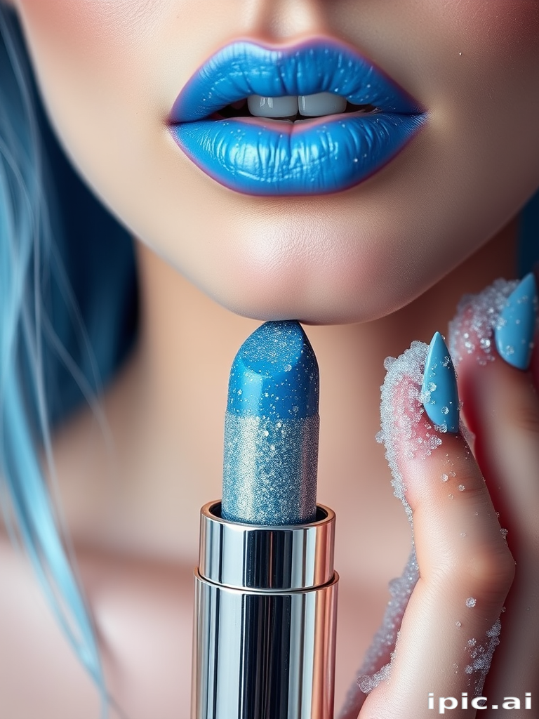 Icy blue frost lipstick with tiny diamond-like sparkles, christened "Arctic Glamour," delivering a cool, futuristic look and subtle plumping effect, perfect for avant-garde makeup enthusiasts