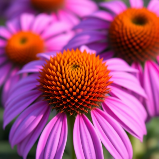 close-up of vibrant purple echinacea flowers with spiky orange centers, shallow depth of field, soft natural lighting, DSLR camera, 50mm lens, f/2.8 aperture, ISO 100, focus on flower details
