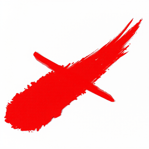 Create a vibrant red brush stroke in an X shape on a white background, using a DSLR camera with a 50mm lens, f/2.8 aperture, 1/200s shutter speed, and ISO 100, captured from a top-down view to enhance clarity and contrast.