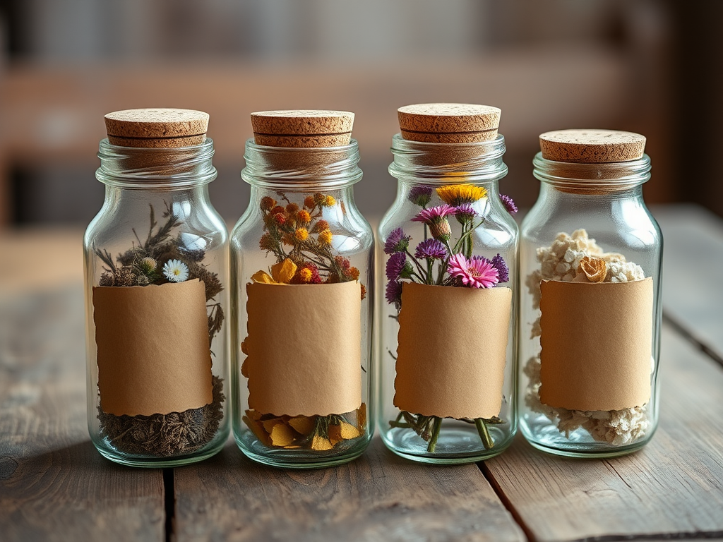 a close-up shot of four vintage glass jars filled with dried flowers, wooden cork lids, and blank labels, set on a rustic wooden table, soft natural lighting, f/2.8, 50mm lens, ISO 100, shallow depth of field