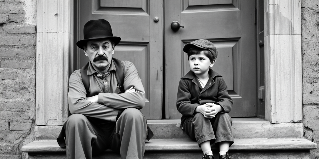 A black-and-white photograph of a man and a child sitting on steps in front of a doorway. The man is dressed as a tramp with a bowler hat, mustache, and ragged clothes, reminiscent of Charlie Chaplin's iconic look. He is sitting with his arms crossed and an expression of slight sadness or frustration. Next to him is a young boy, also in worn clothes and a cap, sitting with his hands clasped, looking thoughtful. The background is an old, textured wall and a partially open door, creating a vintage, early 20th-century atmosphere.