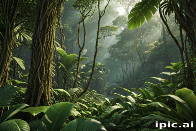 Lush Green Jungle Scene with Dense Foliage and Soft Sunlight Filtering ...