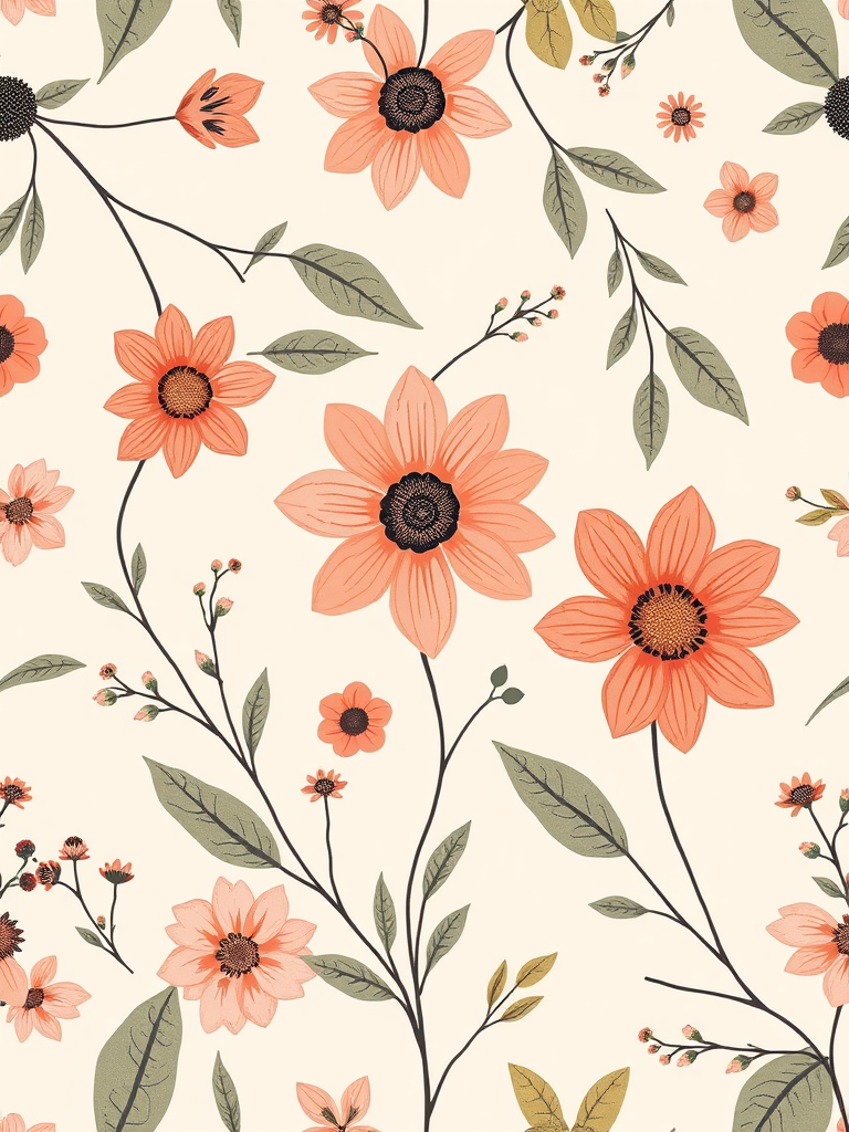 Create a seamless pattern design featuring abstract flowers and leaves on a light beige background with soft colors, using a Canon EOS R5 with a 50mm lens, aperture f/2.8, ISO 100, shot in natural light from a top-down perspective to enhance the image quality.