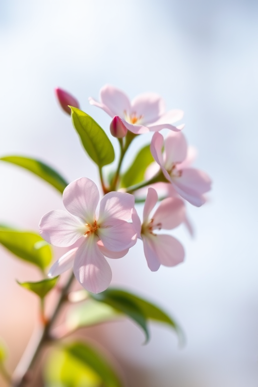Capture a close-up of delicate pink flowers with green leaves against a softly blurred background, using a Canon EOS R5, 85mm lens, aperture f/1.8, shutter speed 1/200s, ISO 200, with natural lighting to enhance bokeh effect.