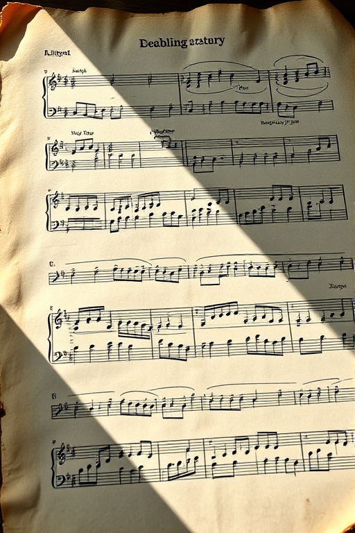 regenerate an old sheet music manuscript on aged paper with detailed hand-written notes and measures, set in natural light, using a DSLR camera with a 50mm f/1.8 lens, aperture at f/4, ISO 100, and a shallow depth of field for focus on textures and details.