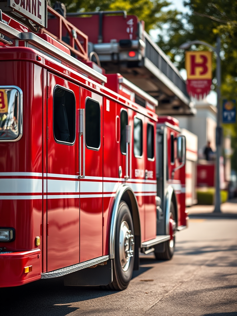 a high-resolution image of a red fire truck, shot with a Canon EOS 5D Mark IV at ISO 100, f/8, 1/250 sec, from a low angle perspective with a wide-angle lens, emphasizing the truck's details and surroundings, with natural lighting and a blurred background for depth of field