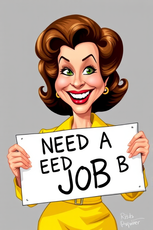 caricature of a smiling Rita Hayworth in a Yellow dress or suit, holding up a sign that says "NEED A JOB", no watermark,