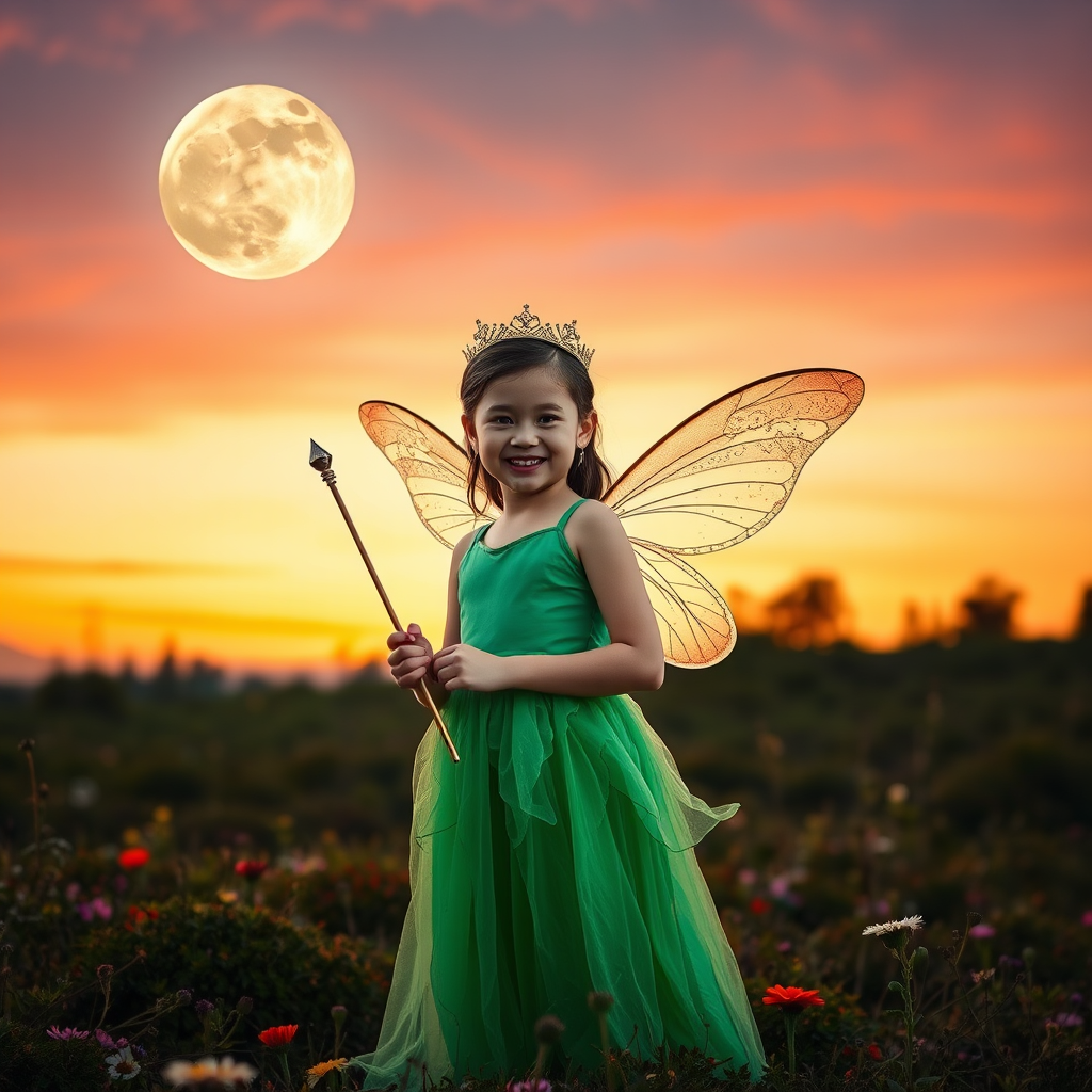 A vivid photo  taken under a bright camera flash of a fantastical scene set against a backdrop of a forest during sunset. The main subject is a girl dressed as a fairy, adorned with translucent wings and a green dress, holding a wand, her face is happy, and she wears a crown on her head. The forest behind her is a blend of flowers, shrubs and trees. The sky is painted in hues of orange and pink, with a large, glowing moon casting a warm glow over the scene. The overall color palette is dominated by earthy tones.