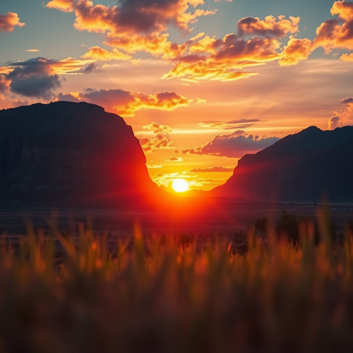 Generate a high-resolution image of a vibrant landscape with a sunset, using a DSLR camera, 50mm lens, aperture f/1.8, ISO 100, and a low-angle view to capture the details of the foreground while emphasizing the colors in the sky.
