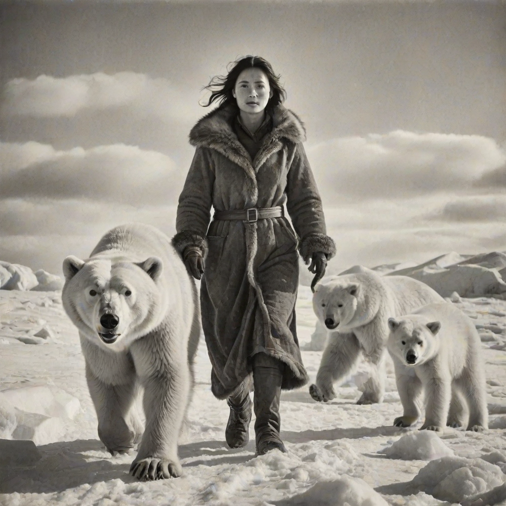 A very old photograph in black and white. The photo is badly damaged, faded, with scratches, tears, smudges and dirt. The photo is ultra-realistic and very detailed. It's a picture of an Arctic warrior. She is walking serenely towards the camera. At her side walks a majestic polar bear. Its fur shines in the sunlight. Snow, ice, sea. wind. snow in the air.
