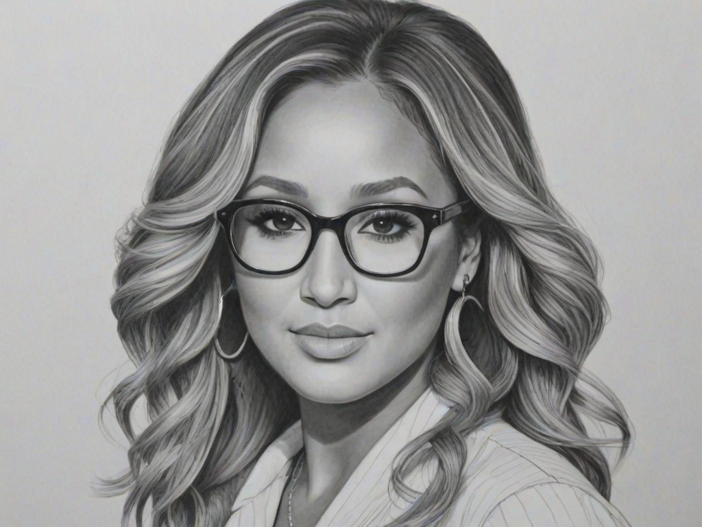 Fetching Adrienne Bailon, pencil sketch, portrait of Wonderful woman 1963s in glasses, hair style beatnik, outline, clear lines, fine lines, 8k