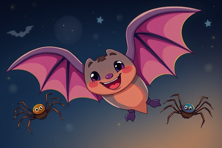 Create a vibrant illustration of a friendly cartoon bat with big ears and a smile, flying in a night sky with two playful cartoon spiders nearby, using a Canon EOS R5 camera with a 50mm f/1.8 lens, aperture set to f/2.8, ISO 100, and shooting from eye level to enhance image clarity and vividness.