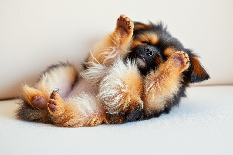 Create an image of a small fluffy dog lying on its back on a light colored couch with its paws in the air showcasing its playful and relaxed demeanor. The dog's fur should be a mix of brown and black with a cute expression on its face.