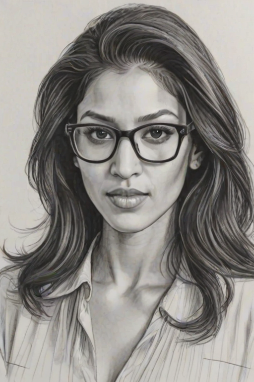 Appealing Janina Gavankar, pencil sketch, portrait of Alluring woman 1979s in glasses, hair style beatnik, outline, clear lines, fine lines, 8k