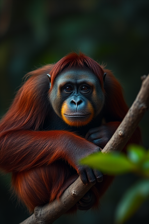 A close-up shot of an orangutan sitting on a branch in low light, with a shallow depth of field, ISO 800, f/2.8 aperture, 1/200 sec shutter speed, using a DSLR camera with a 50mm lens.