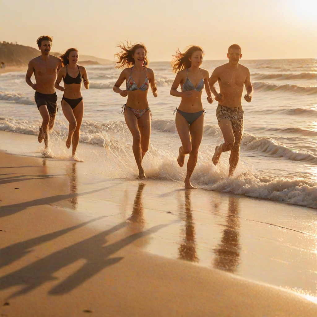 Blurry action shot of a group of friends racing down a sandy beach, soft focus on the waves crashing in the background, golden light from the setting sun casting long shadows.