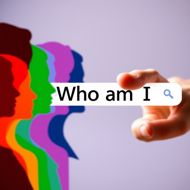 Create an image featuring a diverse range of colorful silhouette profiles on the left side and a close-up of a hand pointing, with the text "Who am I" creatively integrated within a search bar, shot with a DSLR camera at f/2.8 aperture, ISO 100, and a focal length of 50mm, using a shallow depth of field and natural lighting for enhanced image quality.
