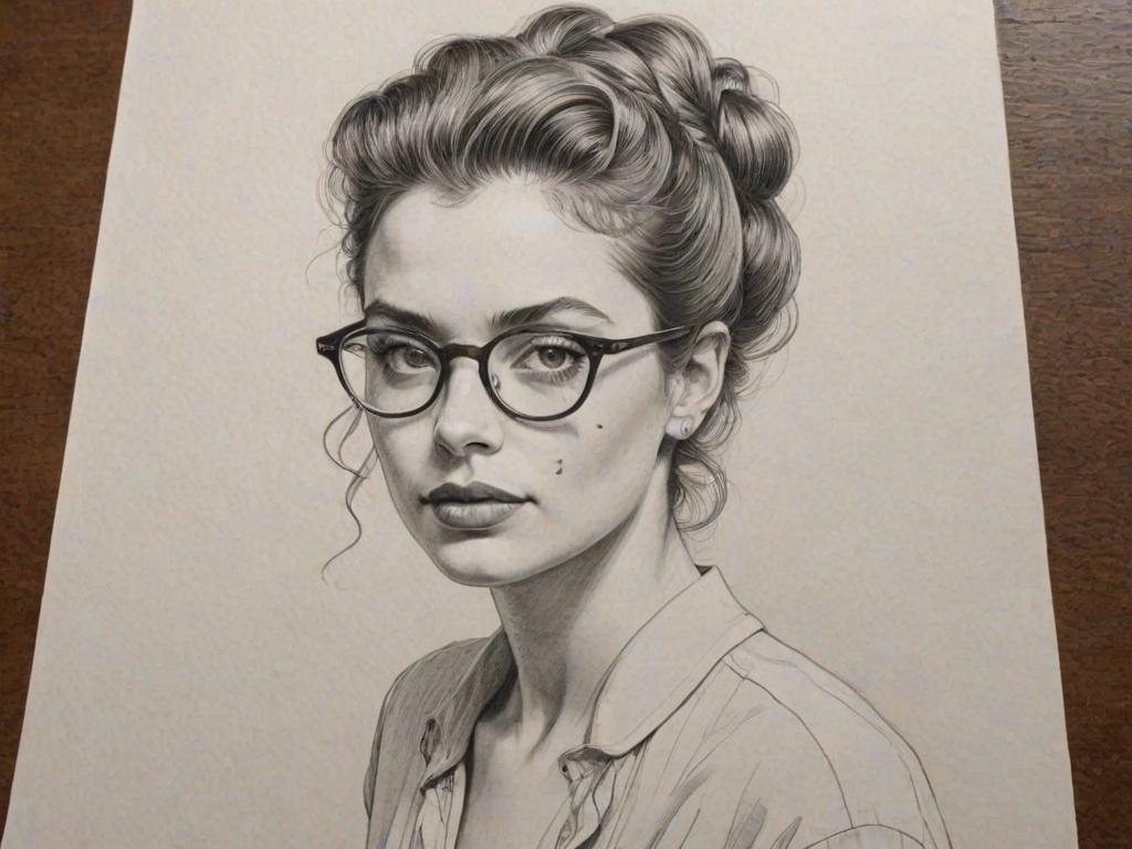 Exquisite Dylan Gelula, pencil sketch, portrait of Fascinating woman 1944s in glasses, hair style beatnik, outline, clear lines, fine lines, 8k