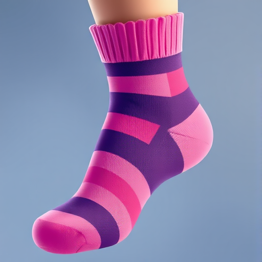 Create an illustration of a colorful sock featuring shades of purple and pink, captured in a close-up view, with a soft-focus background, using a digital camera with an aperture of f/2.8, ISO 200, and a shutter speed of 1/125s to enhance image quality.