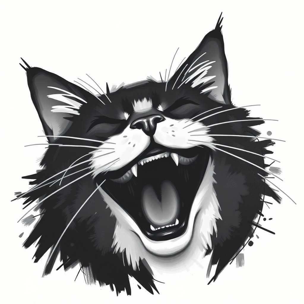 Abstract black and white acrylic portrait of an over exaggerated laughing (cat). Minimalism style. White background.