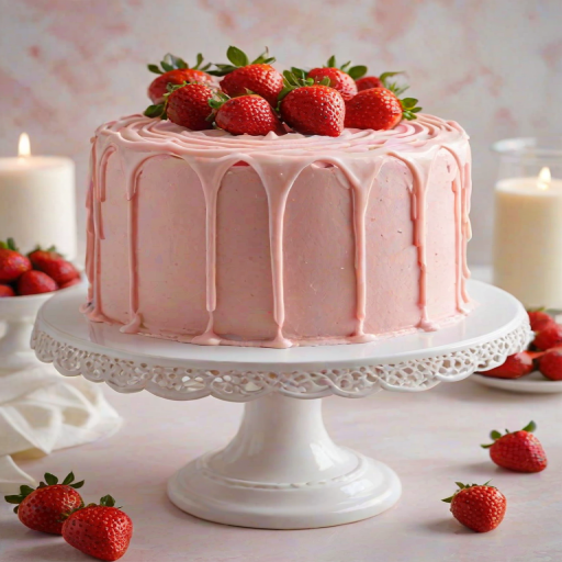 Create an image of a round cake with a smooth pink frosting. The cake should have a glossy white chocolate drip effect around the edges. Decorate the top with swirls of cream and fresh strawberries arranged neatly. Place the cake on a decorative white cake stand, with a soft, blurred floral background.