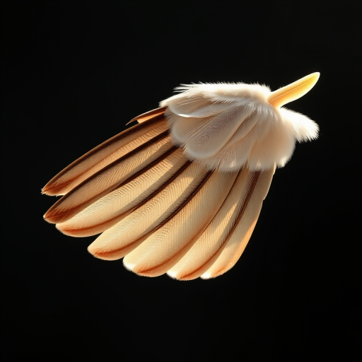 create an illustration of a single feathered wing with intricate details, soft shadows and highlights, captured with a 50mm lens at f/2.8 aperture, ISO 100, using a DSLR camera, taken from a slight angle for dimensionality and depth