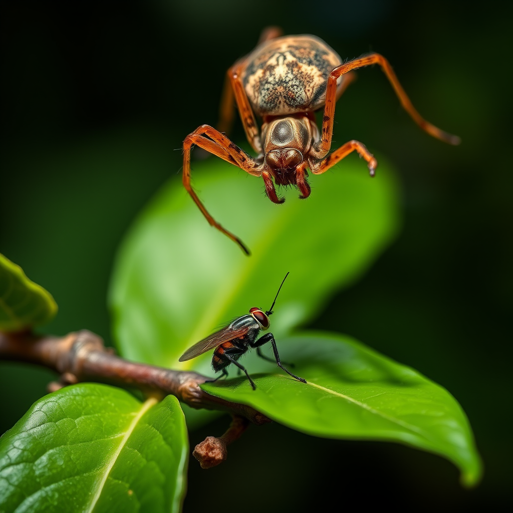 Spectacular photography, 300dpi, digital noise free, extremely clear, ultra-realistic, inside focus, best angle view, with intricate details of a small and tiny fly, standing on a branch of a tree, partially covered with green leaves. A large and majestic spider, jumping over the fly, right in front of the fly with its body arched and the sting completely out of its abdomen pointing at the fly's body and prepared in an attacking and aggressive position, stares at it and watches stealthily. Both within focus . Proportion of size. Light of day. National Geographic style