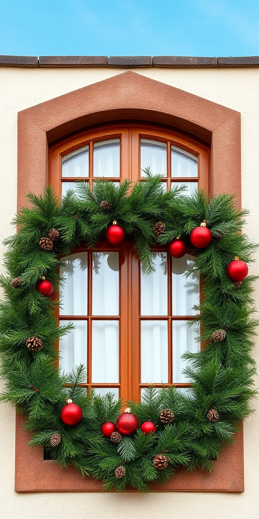 Create a festive image of a charming window adorned with a lush garland of evergreen branches. The garland should be decorated with shiny red ornaments and pine cones. The window frames should be made of rich brown wood, and the background should feature a clear blue sky.