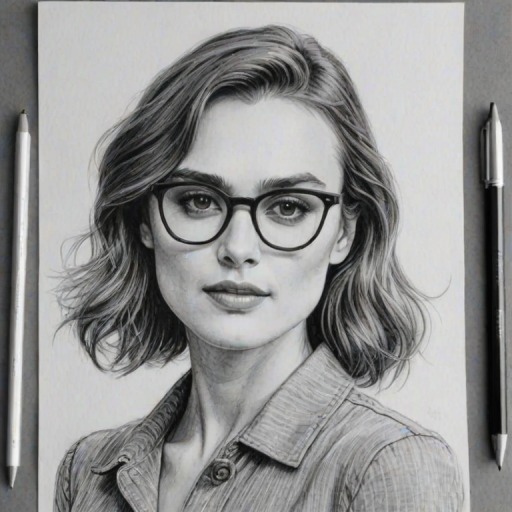 Comely Keira Knightley, pencil sketch, portrait of Exquisite woman 1946s in glasses, hair style beatnik, outline, clear lines, fine lines, 8k