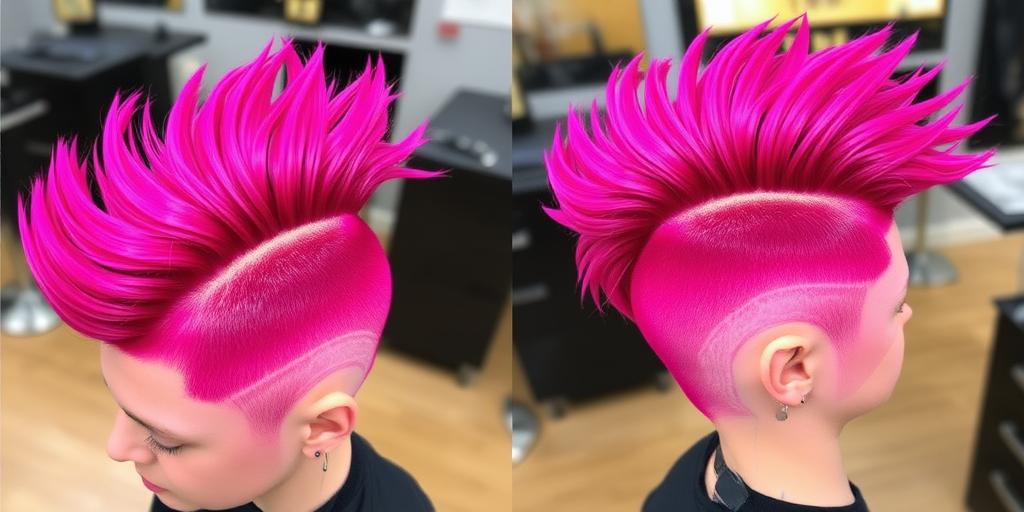 Vivid magenta mohawk fade titled "Fuchsia Flame" tapering from a bold, spiky crown to closely cropped sides with intricate line designs