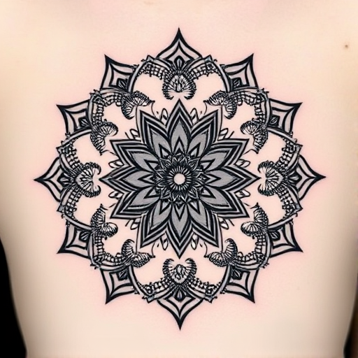 Dotwork mandala tattoo named "Cosmic Bloom" showcasing an intricate circular pattern composed entirely of tiny dots, gradually increasing in density to create mesmerizing optical illusions and depth, incorporating elements of sacred geometry and floral motifs within the design, rendered in black ink with subtle touches of white for highlights and dimension, perfect for those seeking a meditative and spiritually inspired tattoo that celebrates the beauty of symmetry and precision