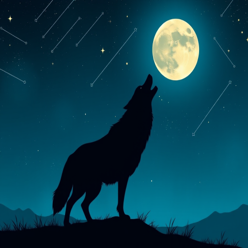 Illustrate a silhouette of a wolf howling at a full moon with shooting stars in the night sky, using a digital art style, shot with a DSLR camera at f/2.8, ISO 100, 24mm lens, with a night mode setting for enhanced clarity and vibrancy.