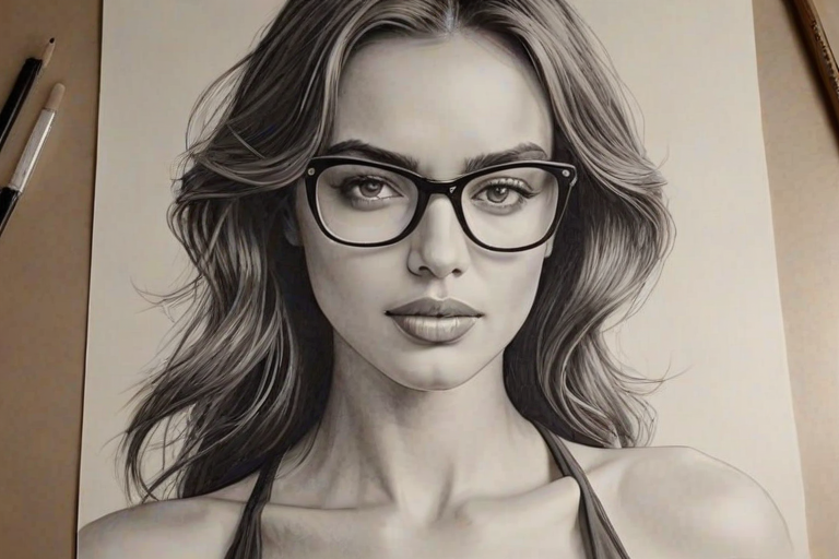 Magnificent Irina Shayk, pencil sketch, portrait of Ravishing woman 1974s in glasses, hair style beatnik, outline, clear lines, fine lines, 8k