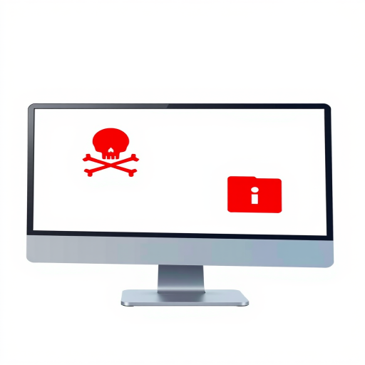 Create a digital illustration of a computer monitor displaying a red skull and crossbones symbol alongside a locked folder icon in a modern, minimalist style with a clean white background, using a high-resolution setting of 300 DPI, shot from an eye-level angle, using a DSLR camera type with a 50mm lens to achieve sharp focus and vibrant colors.