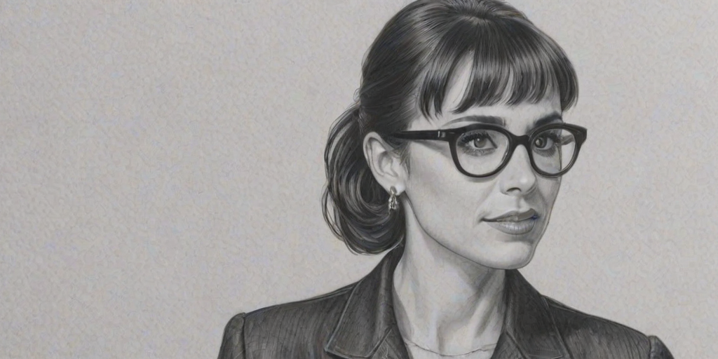 Elegant Constance Zimmer, pencil sketch, portrait of Fetching woman 1953s in glasses, hair style beatnik, outline, clear lines, fine lines, 8k
