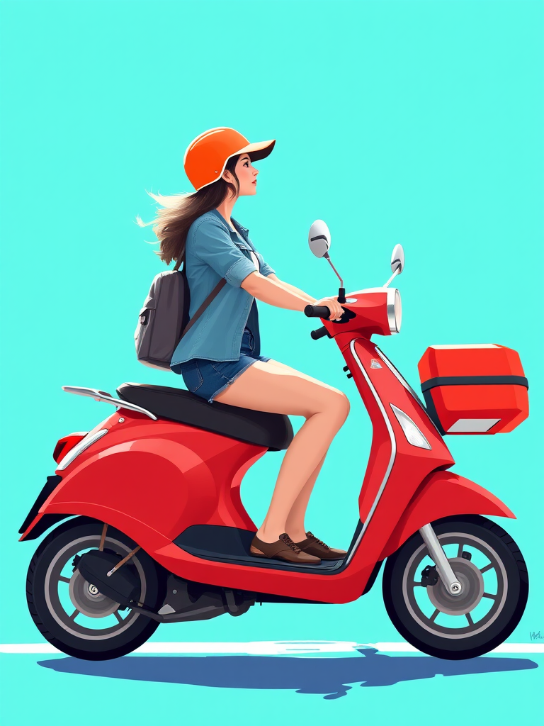 A digital illustration of a woman riding a red scooter on a vibrant turquoise background, captured with a Canon EOS R5 camera, 50mm lens, f/1.8 aperture, ISO 100, with side view and high saturation colors to enhance image quality.