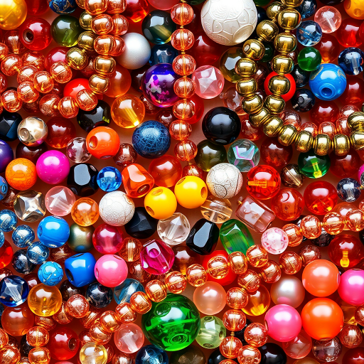 create a detailed illustration of a variety of colorful beads arranged in an artistic layout, using a DSLR camera, 50mm lens, aperture set to f/2.8, ISO 100, natural light setting, focus on capturing intricate textures and vibrant colors