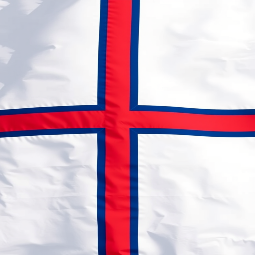 Create a high-resolution image of a flag featuring a red Nordic cross on a white background with a blue outline, captured with a DSLR camera at f/8 aperture, ISO 200, 50mm lens, in bright daylight from a frontal view with a slight tilt for depth.