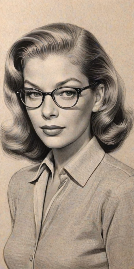 Delightful Lauren Bacall, pencil sketch, portrait of Alluring woman 1943s in glasses, hair style beatnik, outline, clear lines, fine lines, 8k