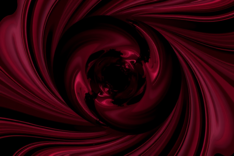Generate an abstract image featuring swirling maroon and burgundy elements converging towards a central vortex with smooth lines and high contrast on a black background, captured with a DSLR camera at f/8 aperture, ISO 100, 1/100s shutter speed, using a wide-angle lens for an expansive view and vibrant color saturation.