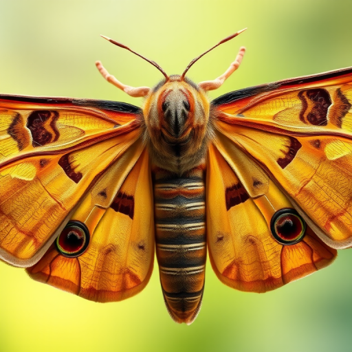 Create a high-resolution digital illustration of a hawk moth with detailed textures, using a macro lens at f/8 aperture, ISO 100, 1/200s shutter speed, top-down view, with a soft natural light background for enhanced colors and clarity.