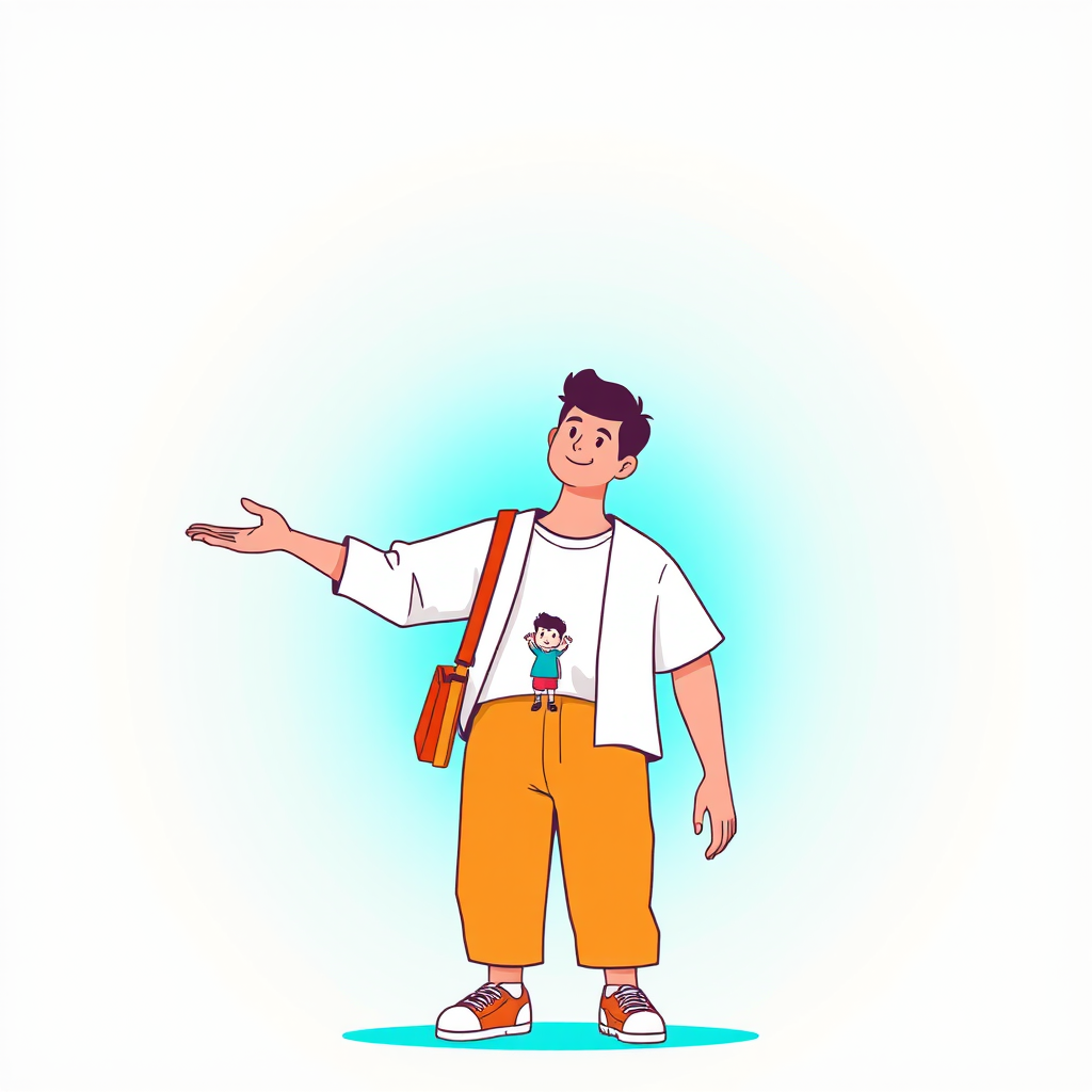 Generate a vibrant, simplified illustration of a person standing with one hand outstretched, supporting a smaller version of themselves, wearing casual clothing in a soft color palette against a bright turquoise background, using a Canon EOS R5 with a 50mm lens, aperture f/2.8, ISO 200, and a slight vignette for depth.