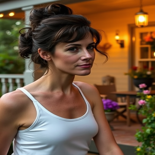 A photo of Helena Bonham Carter with a background of a cozy porch. She has dark hair pulled back in an updo, with tendrils framing her face. She wears a white tank top and sits on the porch. The porch is part of a well-lit home with a warm, earthy tone and colorful flowers and foliage. The overall scene has a warm, welcoming, and comfortable ambiance.