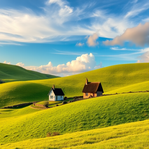 generate a vibrant digital landscape featuring two quaint cottages nestled among rolling green hills, with a clear sky and soft clouds above, shot with a DSLR camera at f/8 aperture, ISO 100, 24mm focal length, in high-resolution with a warm color palette and smooth textures