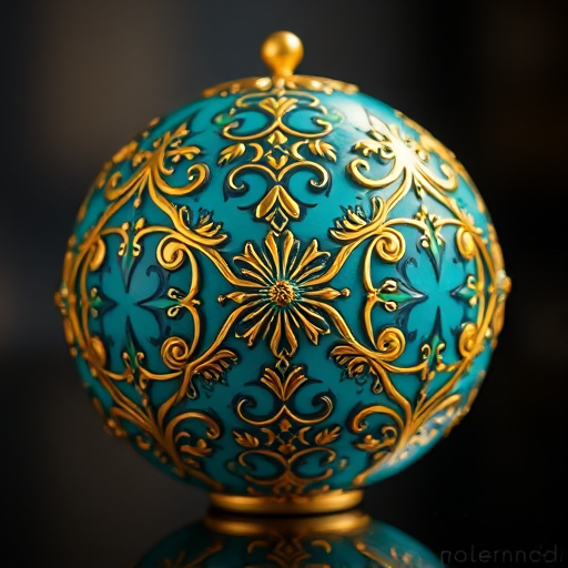 Generate a high-resolution image of a spherical object featuring intricate turquoise patterns and glossy golden filigree, using a DSLR camera with a 50mm lens, f/1.8 aperture, ISO 100, and a soft diffused lighting setup to enhance reflections and details.